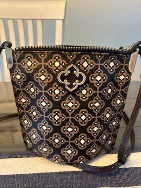 Brown Patterned Crossbody Bag with Gold Accent